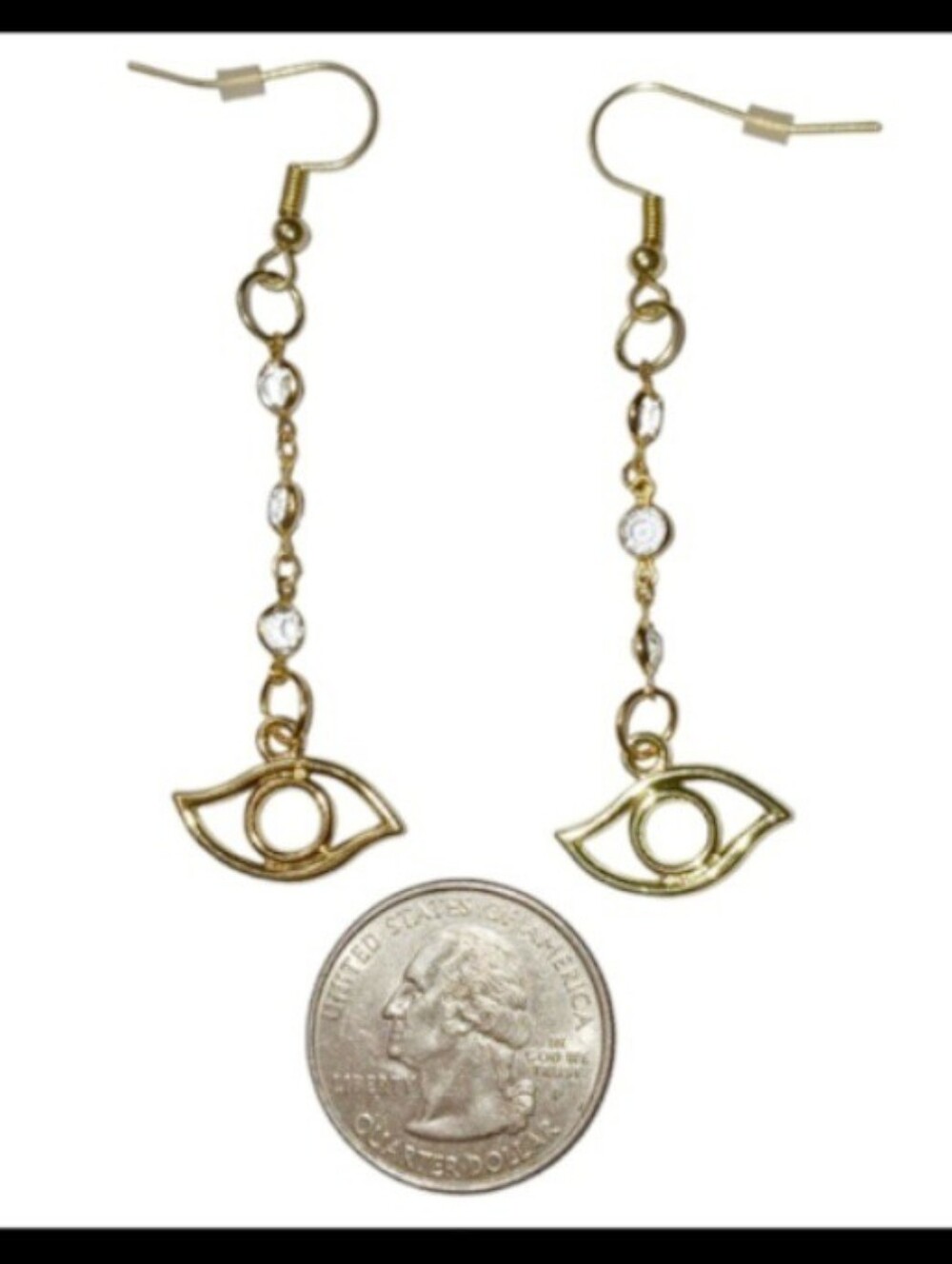 Gold Evil Eye Dangle Drop Earrings with Vintage Bezel Set Blue Satellite Chain - Picture 10 of 14